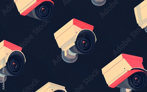 Abstract pattern of surveillance cameras on a dark background.