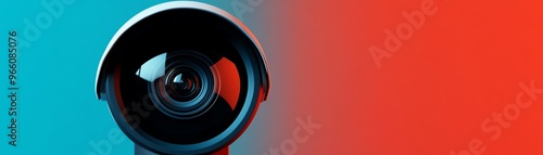 Close-up of a security camera lens on a blue background.