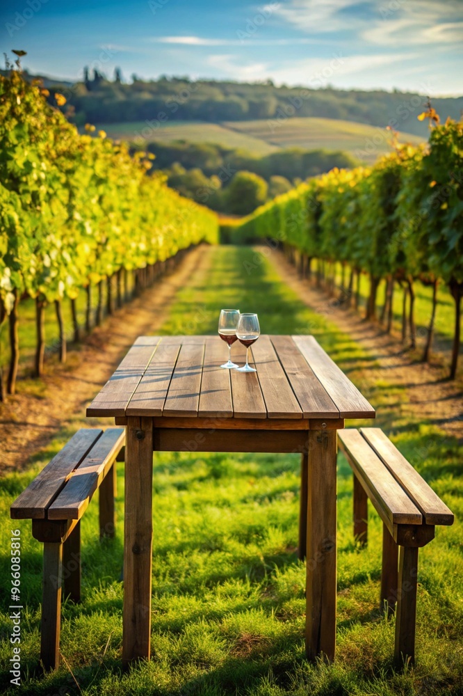 Naklejka premium A Charming Empty Wooden Table with a Beautiful Vineyard Background Perfect for Wine Advertisements and Events Promotion