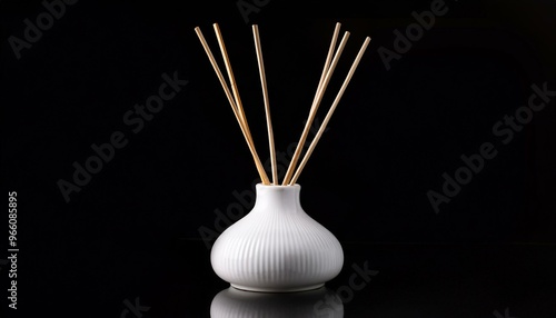 White ceramic diffuser bottle with natural wood reeds, isolated on black background.
