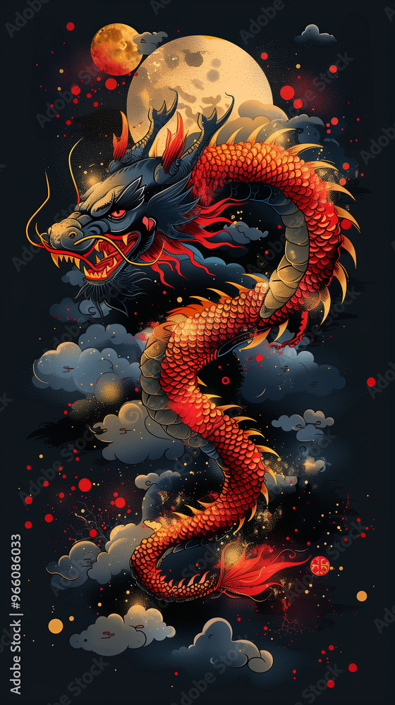 Chinese New Year. Abstract Composition with Dragon moon and clouds. Oriental Celebration Card Design. Lunar Holiday Symbol on a black background Chinese New Year. Abstract Composition with Dragon moon and clouds. Oriental Celebration Card Design. Lunar Holiday Symbol on a black background