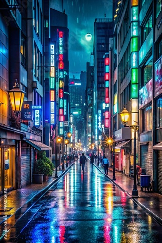 A Serene Rainy Day on a Quiet Tokyo Street Surrounded by Vibrant Nature