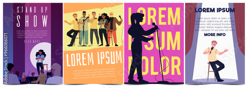 Comedian artist persons with microphone perform stand-up comedy show on stage vector invitation poster set, live speaker