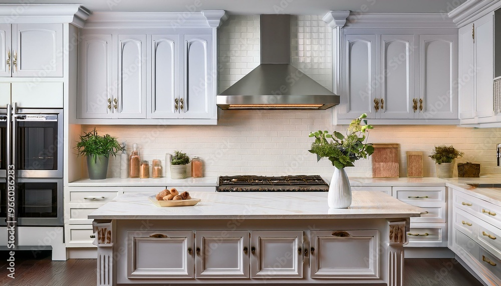 White kitchen island with ornate detailing and a matching range hood. White kitchen island with ornate detailing and a matching range hood.