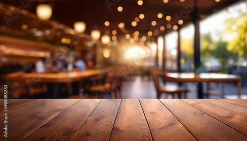 Empty wooden table for product placement or montage with focus to the table top, blurred bokeh background . 