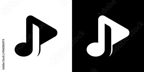 Music logo Letter J, musical note with J negative space shape and play icon, simple flat music logo template in black.