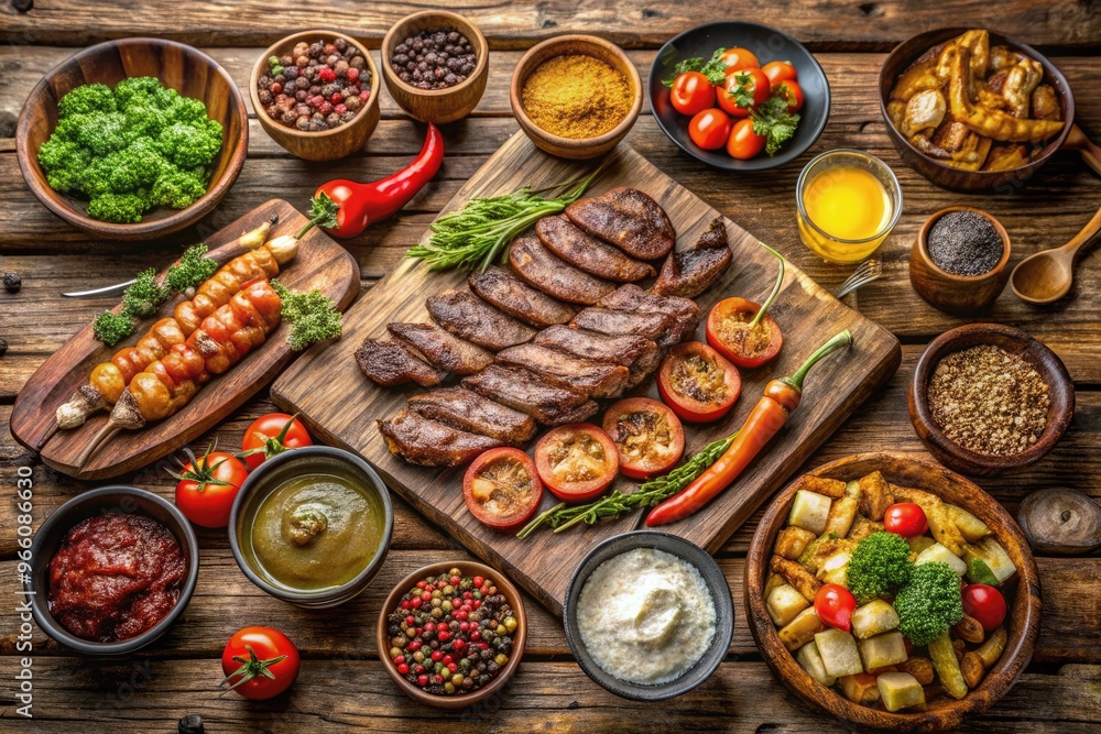 Panoramic View Of A Traditional Paraguayan Asado With A Variety Of Grilled Meats, Vegetables, And Traditional Sauces On Wooden Tables. Panoramic View Of A Traditional Paraguayan Asado With A Variety Of Grilled Meats, Vegetables, And Traditional Sauces On Wooden Tables.