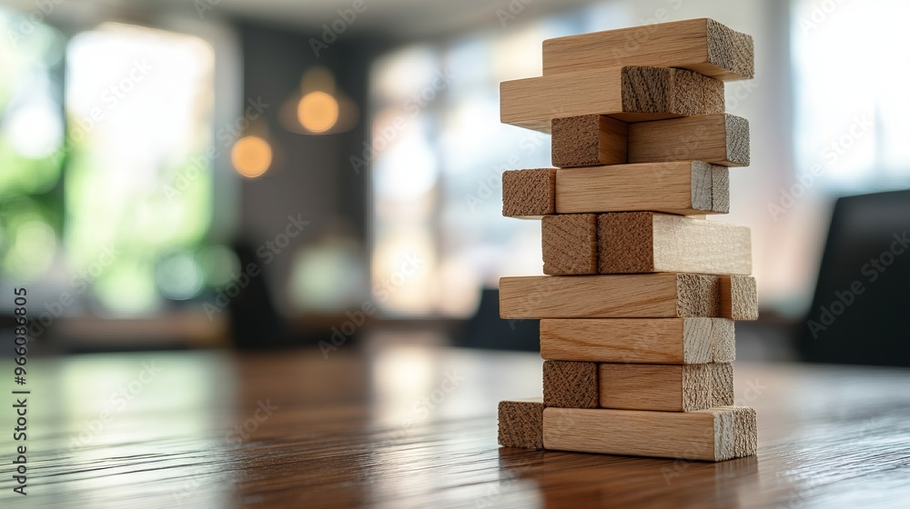 Wooden Jenga Blocks on Office Table with Copy Space Banner Mockup Background. AI generated illustration Wooden Jenga Blocks on Office Table with Copy Space Banner Mockup Background. AI generated illustration