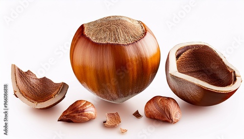 Whole hazelnut with shell pieces.