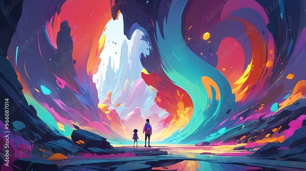 Fototapeta premium Dreamscape Journey: Two figures stand in awe as they gaze upon a breathtaking, abstract landscape of vibrant colors, swirling patterns, and towering, dreamlike formations. Their journey into this ethe