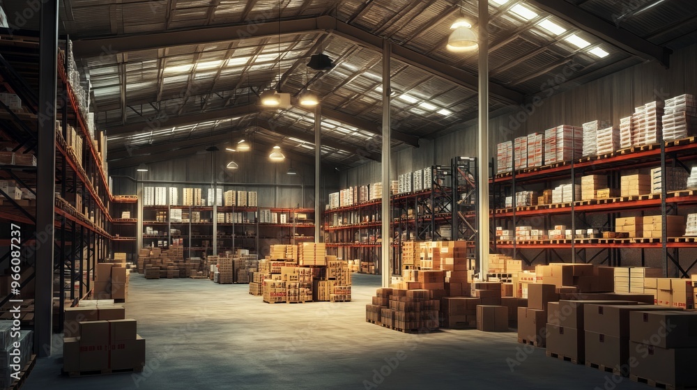 Modern Warehouse with High Ceilings and Pallet Racking - AI generated illustration Modern Warehouse with High Ceilings and Pallet Racking - AI generated illustration