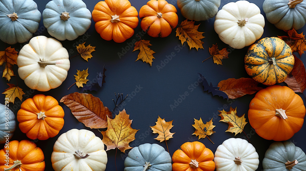 Fototapeta premium Black Background Flat Lay Halloween white Pumpkins Leaves and Bats