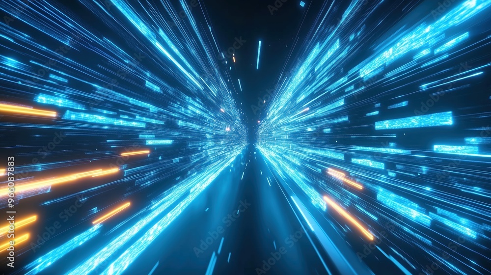 3D rendered abstract futuristic background featuring blue glowing light lines and bokeh lights in a dark space tunnel. This digital technology concept showcases high-speed motion blur effects, symboli 3D rendered abstract futuristic background featuring blue glowing light lines and bokeh lights in a dark space tunnel. This digital technology concept showcases high-speed motion blur effects, symboli