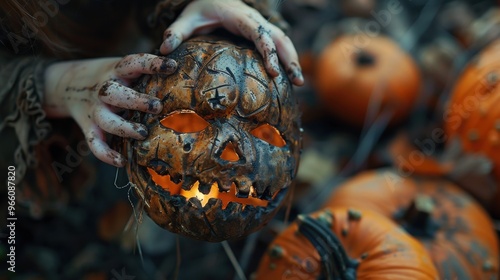 Spooky Halloween scene with a carved pumpkin lantern held by dirty hands, surrounded by pumpkins in an eerie forest setting.