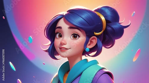 Cosmic Dreams: A young adventurer with vibrant blue hair gazes confidently towards the unknown, her spirit soaring amidst a backdrop of celestial hues and shimmering particles. 