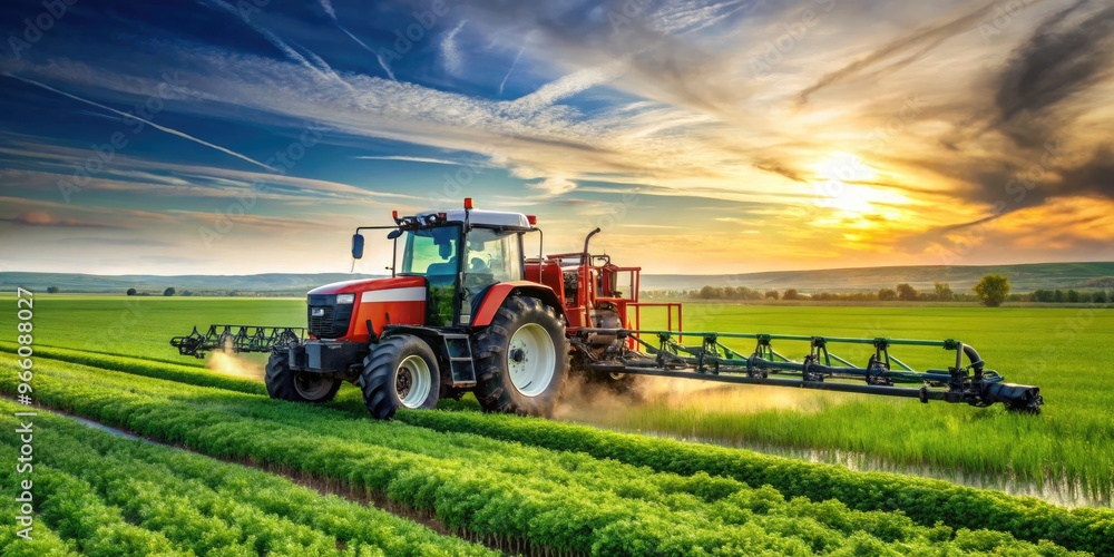 Obraz premium Powerful Agricultural Equipment For Spraying Pesticides And Fertilizers On Vast Expanses Of Farmland, Manufactured In Modern Factories For Efficient Farming Practices.