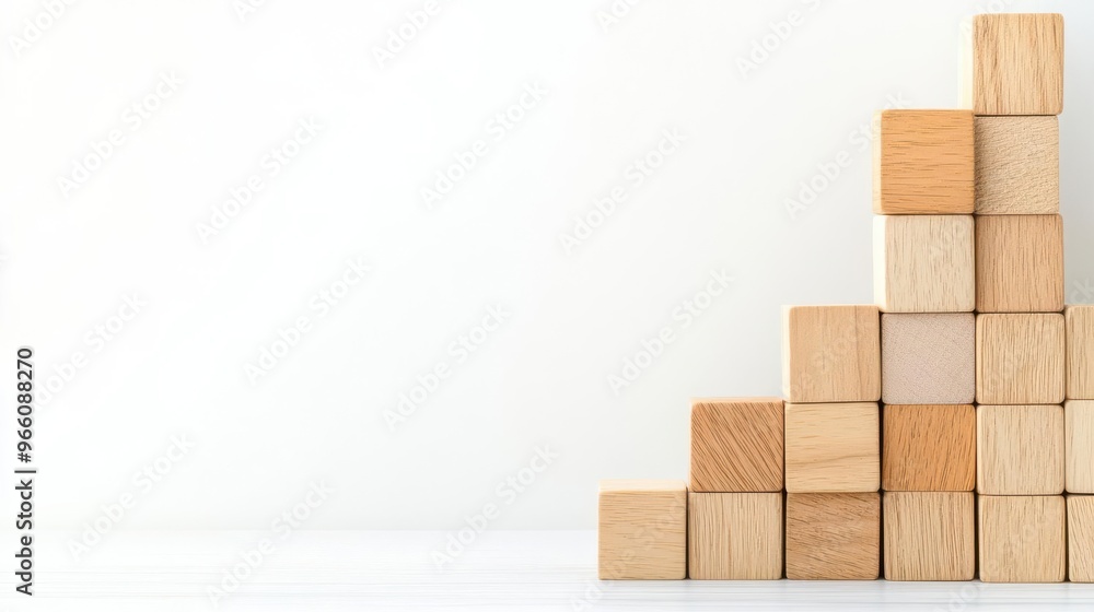 Wooden blocks arranged in a zigzag pattern, each featuring a business related term, set against a white background Ample space for text or branding Great for business strategy visu Wooden blocks arranged in a zigzag pattern, each featuring a business related term, set against a white background Ample space for text or branding Great for business strategy visu