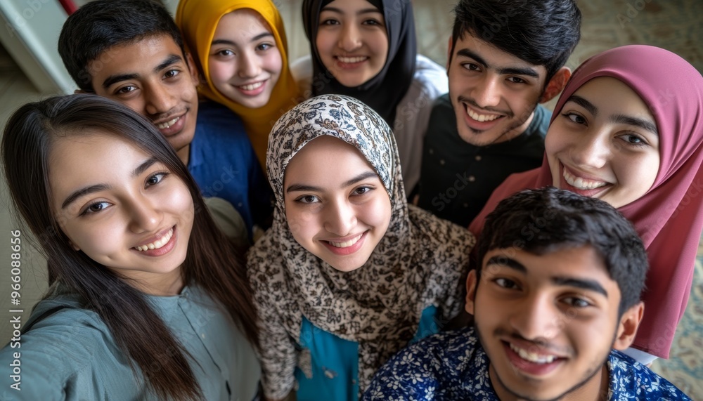 Fototapeta premium Diverse Team Selfie: Smiling Multiracial Colleagues in Office Setting. Professional Portrait Capturing Unity, Happiness, and Internship Atmosphere. Marketing Campaign Wallpaper for Workplace Diversity