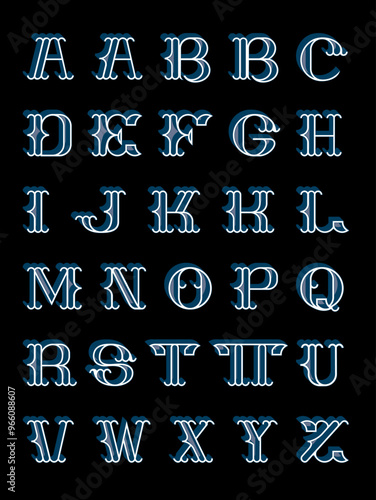 A collection of unique multilayered uppercase tuscan alphabet characters with a shadow effect.