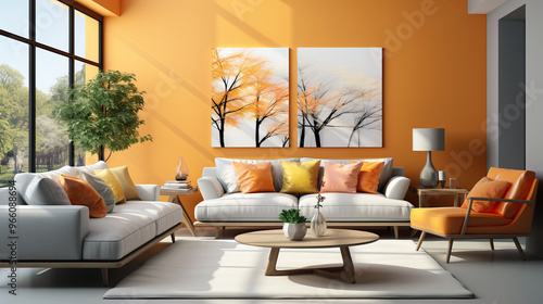 Bright modern living room with white sofas, vibrant orange and yellow pillows, a matching orange accent chair, and a striking tree-themed artwork on an orange wall.