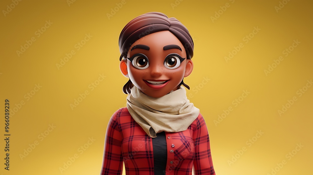 A cheerful 3D cartoon woman in red and white plaid shirt and white scarf on a yellow background, perfect for winter holiday designs.
A cheerful 3D cartoon woman in red and white plaid shirt and white scarf on a yellow background, perfect for winter holiday designs.
