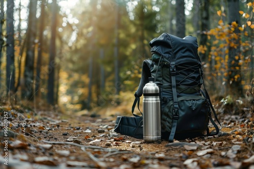 Backpack, Thermos and Travel Mug in Forest Banner with Copy Space, Hiking Equipment on Footpath