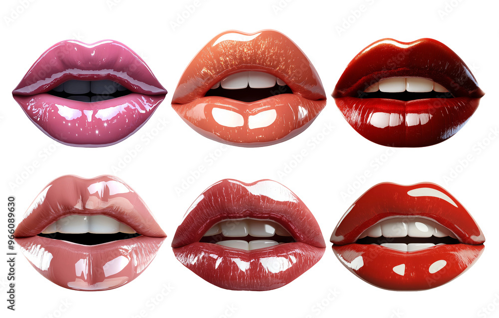 Glossy lips collection in various shades isolated on transparent background Glossy lips collection in various shades isolated on transparent background
