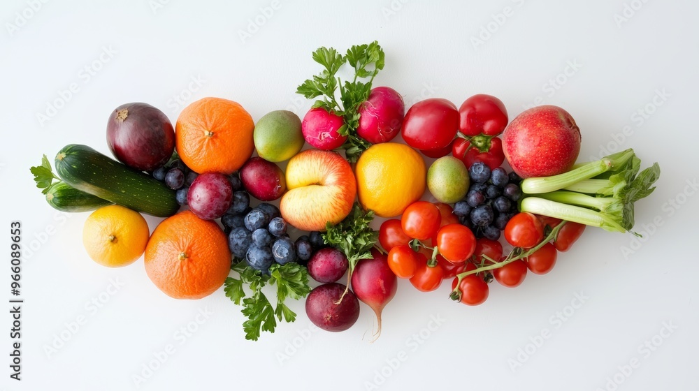 A vibrant arrangement of fresh fruits and vegetables on a white background, showcasing a variety of colors and textures. A vibrant arrangement of fresh fruits and vegetables on a white background, showcasing a variety of colors and textures.