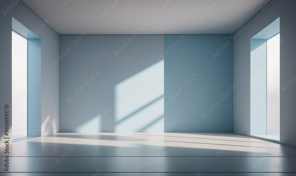 Sunlight streams through the windows of an empty room, casting long shadows on the floor Sunlight streams through the windows of an empty room, casting long shadows on the floor