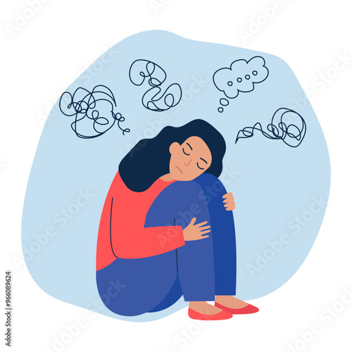 Anxiety and Panic Attack - vector illustration. Girl with anxious thoughts sitting on a floor.