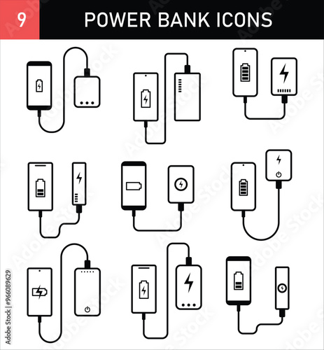 Power Bank Charging Smartphone Icon Set, Portable Energy Battery Symbol