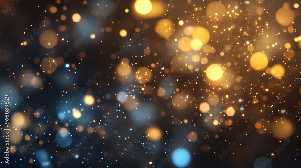 Golden and blue bokeh lights on a dark background. Festive and celebratory lighting concept. Golden and blue bokeh lights on a dark background. Festive and celebratory lighting concept.
