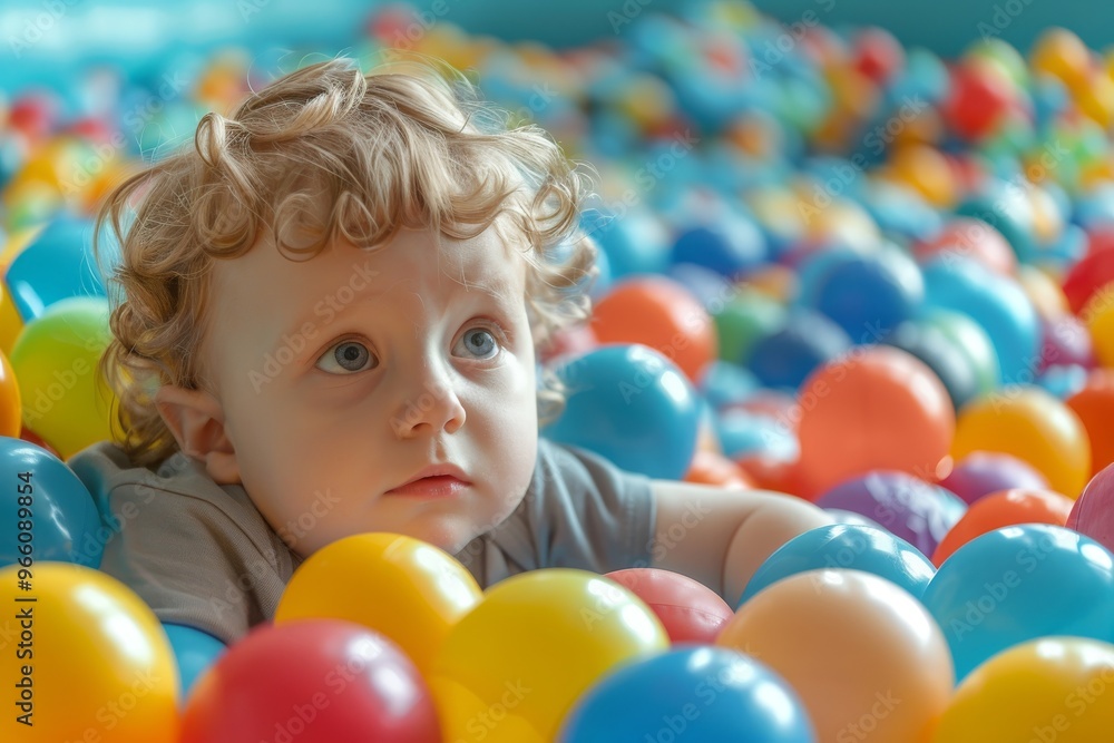 Balls pool, child playing in ball pit, colorful toys for kids in kindergarten or preschool play room Balls pool, child playing in ball pit, colorful toys for kids in kindergarten or preschool play room