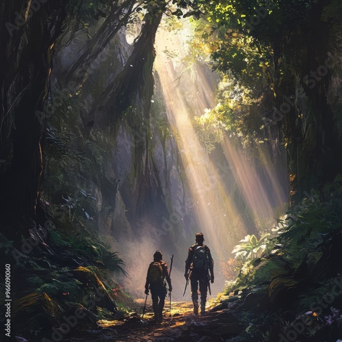 Two hikers walk through a lush, sunlit jungle.