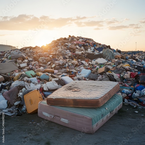 Two mattresses abandoned on a large pile of garbage in a landfill, with the sun setting in the background. photo