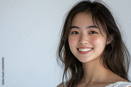 Portrait of young smiling asian woman isolated on white background