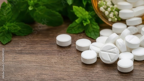 A close-up of sugar pills used in homeopathy, with natural herbs in the background, homeopathic sugar pills, gentle healing method