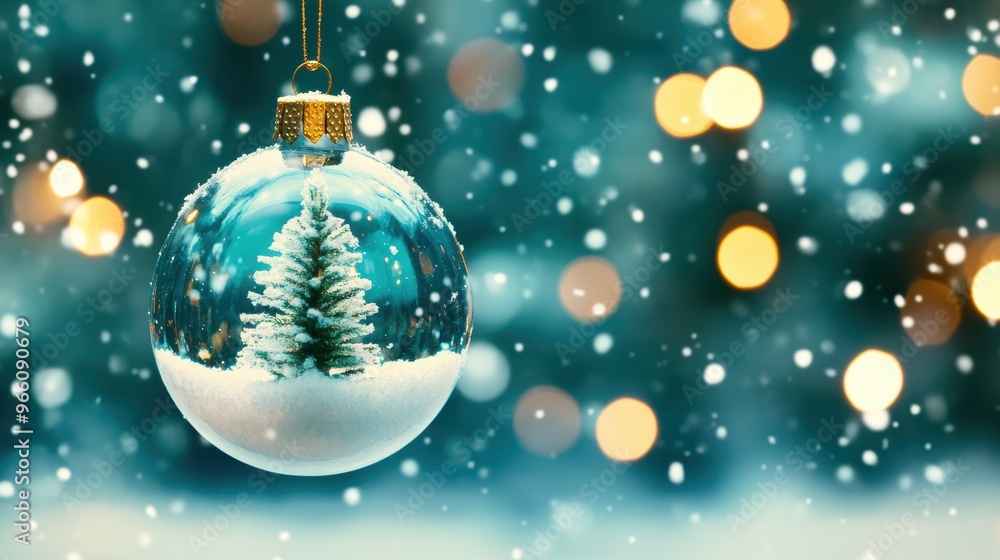 Elegant glass ornament featuring a snow-covered tree inside, hanging against a soft bokeh background. Peaceful winter holiday decor concept. Elegant glass ornament featuring a snow-covered tree inside, hanging against a soft bokeh background. Peaceful winter holiday decor concept.