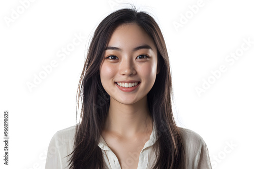 Portrait of young smiling asian woman isolated on white background