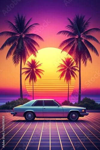 A Vibrant 80s Style Retro Image Featuring a Car and Palm Tree Perfect for Nostalgic Themes