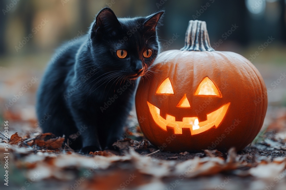Naklejka premium Cute black cat, sitting next to a spooky jack-o-lantern. Halloween season. Funny adorable cat.