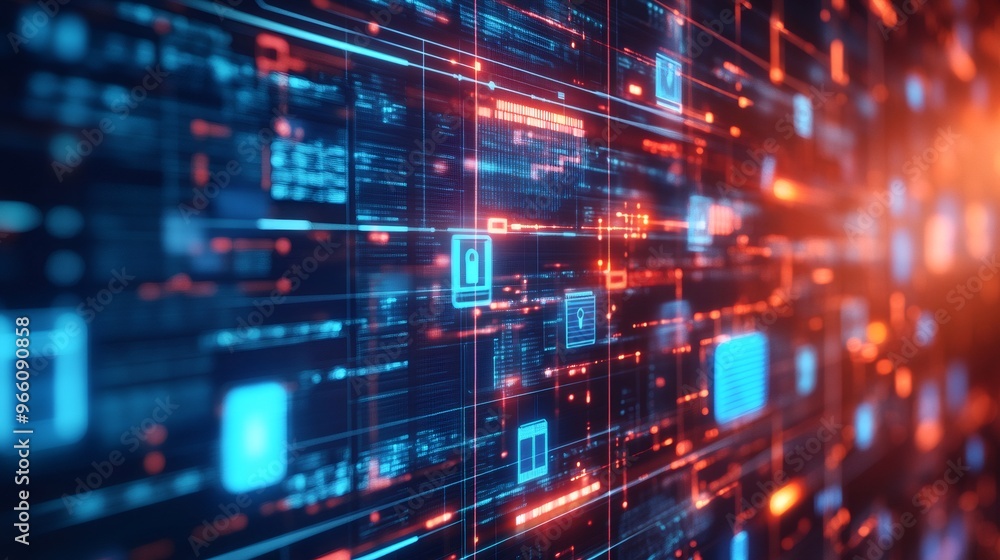 Abstract digital data flow with blue and red glowing lights on a dark background. Abstract digital data flow with blue and red glowing lights on a dark background.