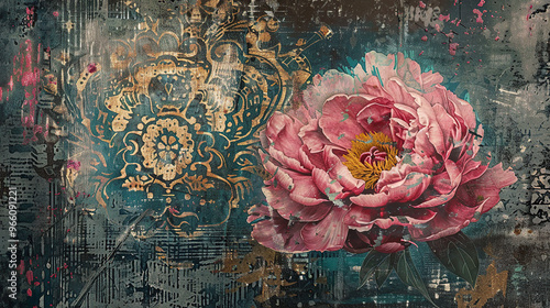 blue, rouse, red, silver, old, background, generative, ai, steampunk style, vintage, watch, peony, ancient, door, sculpture, art, architecture, statue, decoration, detail, antique, stone, carving, gol