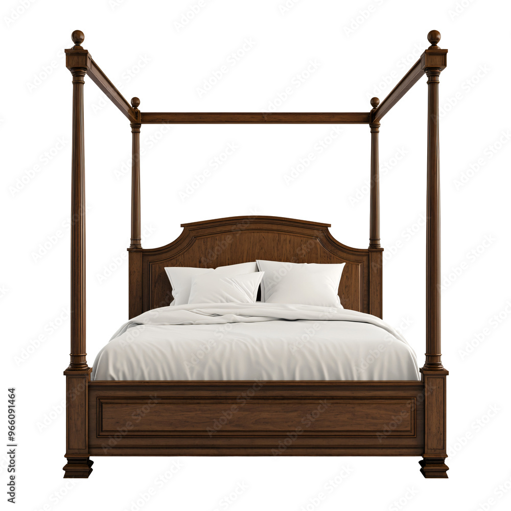 A 3D Model of a Four-Poster Bed Luxury Bedroom Decor Classic Wood Finish Isolated on White and Transparent Background A 3D Model of a Four-Poster Bed Luxury Bedroom Decor Classic Wood Finish Isolated on White and Transparent Background
