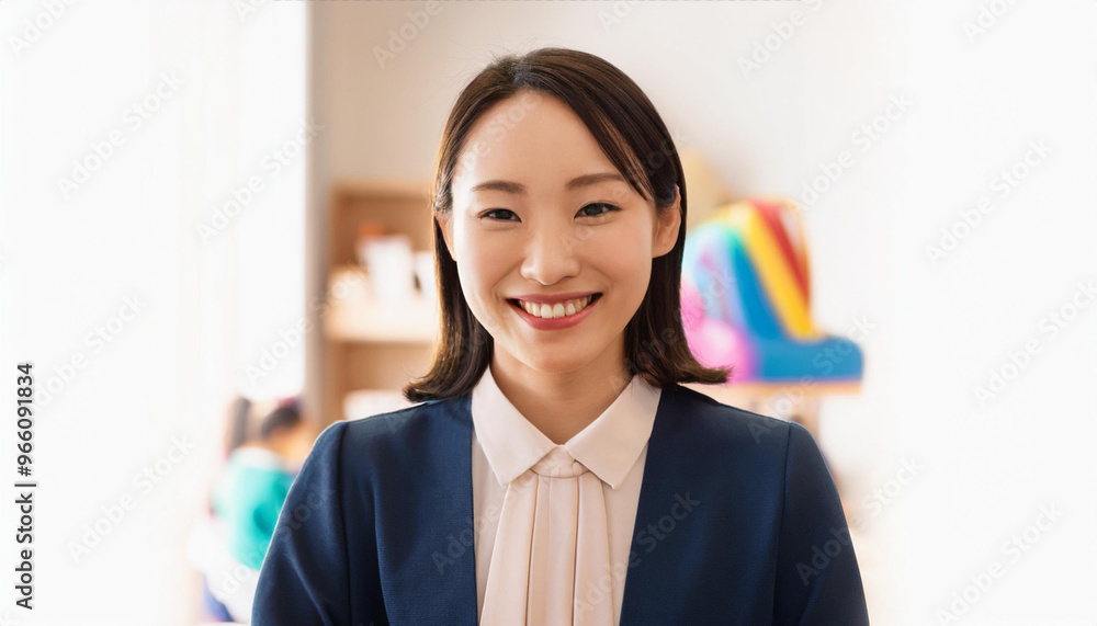 Japanese preschool teacher smiling warmly in a classroom filled with children. The teacher, The vibrant learning environment in the background makes this image perfect for educational themes, school Japanese preschool teacher smiling warmly in a classroom filled with children. The teacher, The vibrant learning environment in the background makes this image perfect for educational themes, school