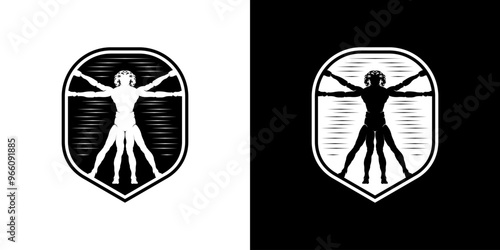 Vitruvian Human logo and shield or human as a concept, conceptual metaphor of 3d proportions of body anatomy isolated for biology, anatomy, Leonardo, medicine, symbols, physiology, health, humanity.