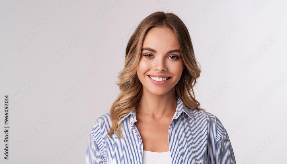 Obraz premium a young European woman in a casual shirt smiling warmly at the camera. This cheerful and confident image is perfect for corporate, business, lifestyle, and personal branding projects