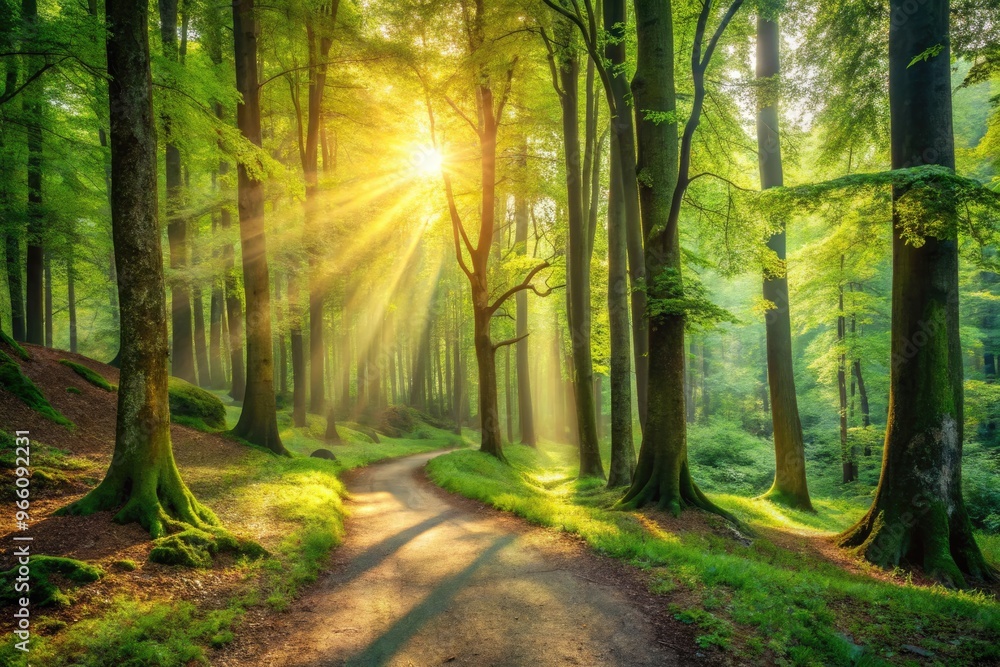 Fototapeta premium Serene And Tranquil Forest Landscape With Towering Trees, Dappled Sunlight, And A Winding Path Leading Into The Verdant Depths.