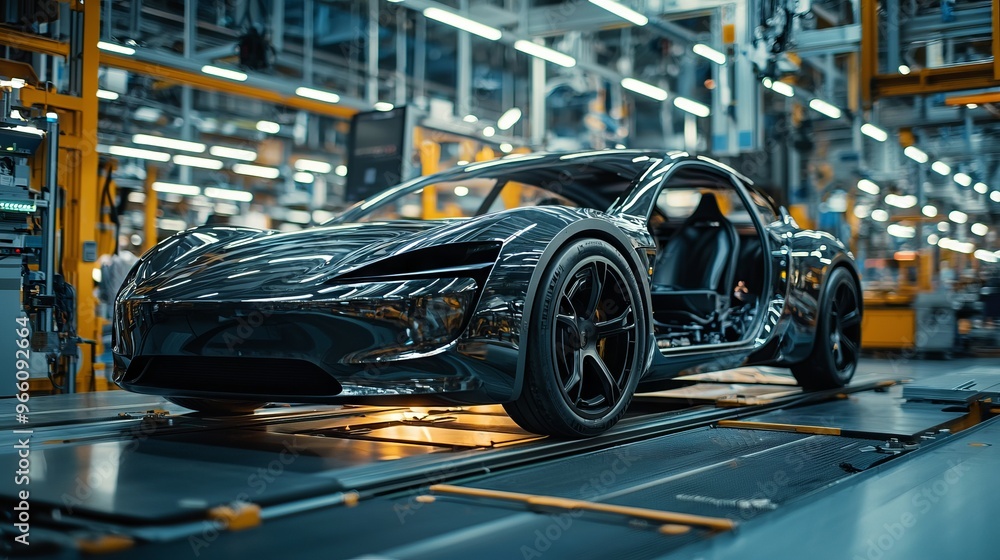 Fototapeta premium High-tech electric car being assembled on a production line in a factory