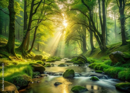 Serene forest landscape with misty sunshine, lush green trees, and a gentle stream flowing through the valley, perfect for a relaxing desktop wallpaper.